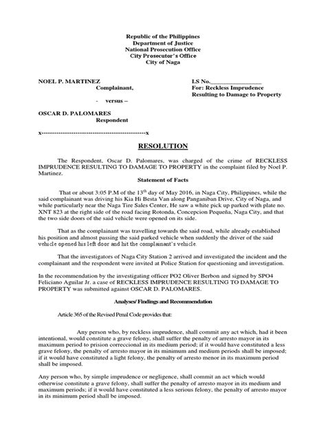 Reckless imprudence resulting in damage to property; sample.